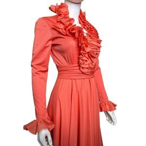 STUNNING Coral Victor Costa Dress Gown Vintage Ruffles Plunging Neckline Party M